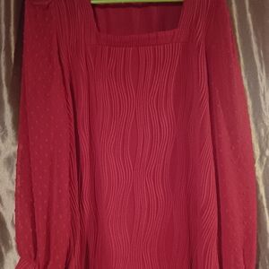 Red Square Neck Textured Long Sleeve Top